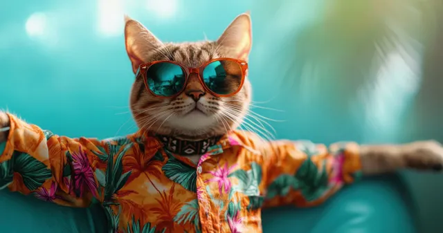 Stylish cat in sunglasses giving a high five wearing a colorful Hawaiian shirt