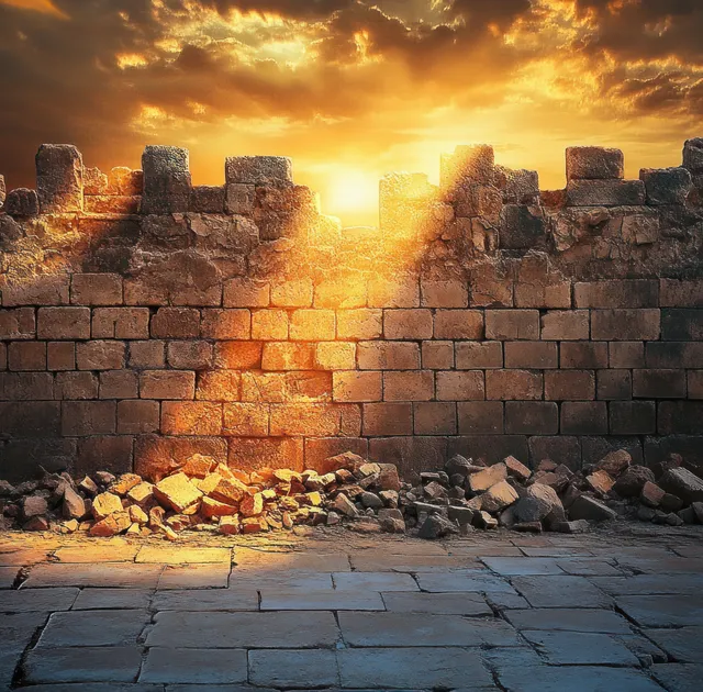 Ancient stone walls collapsing at sunset with golden desert light