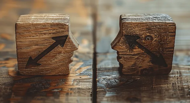 Two wooden blocks with arrow symbols face each other on a cracked table surface, implying communication and feedback.