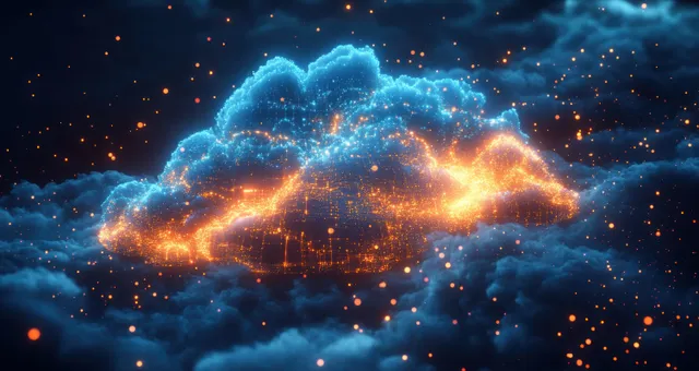 Futuristic glowing cloud network with orange and blue lights dispersing into particles
