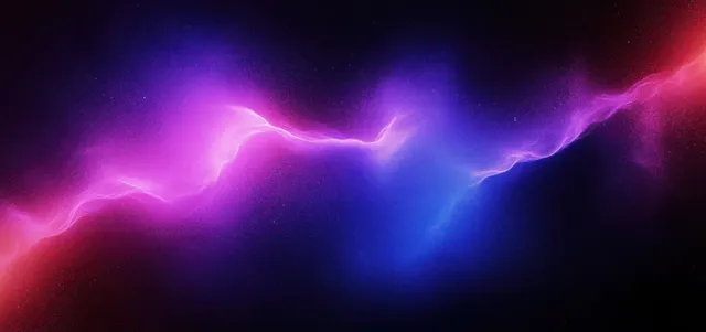 Purple and blue glowing wave light streaks swirl across a dark abstract gradient background.