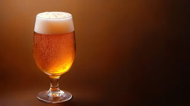 An amber beer glass with thick white foam and bubbles sits against a warm brown background.