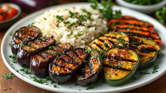 Grilled eggplant, zucchini, and carrots on a plate alongside white rice topped with chopped herbs.