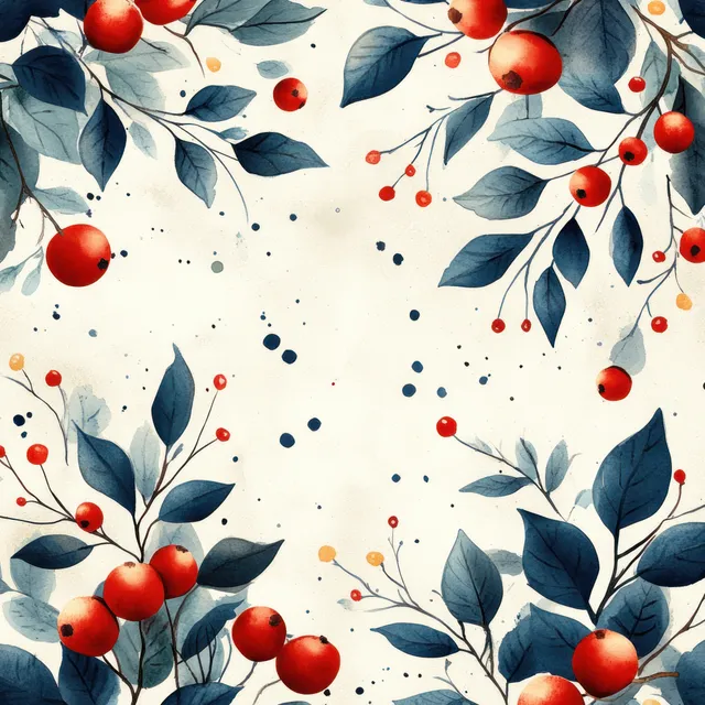 Hand-painted watercolor Christmas pattern with holly berries and blue leaves on white