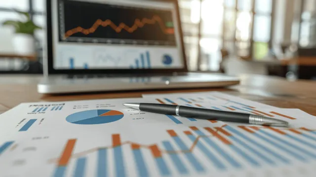 Printed financial charts and a pen rest on a desk next to a laptop showing graphs in an office.