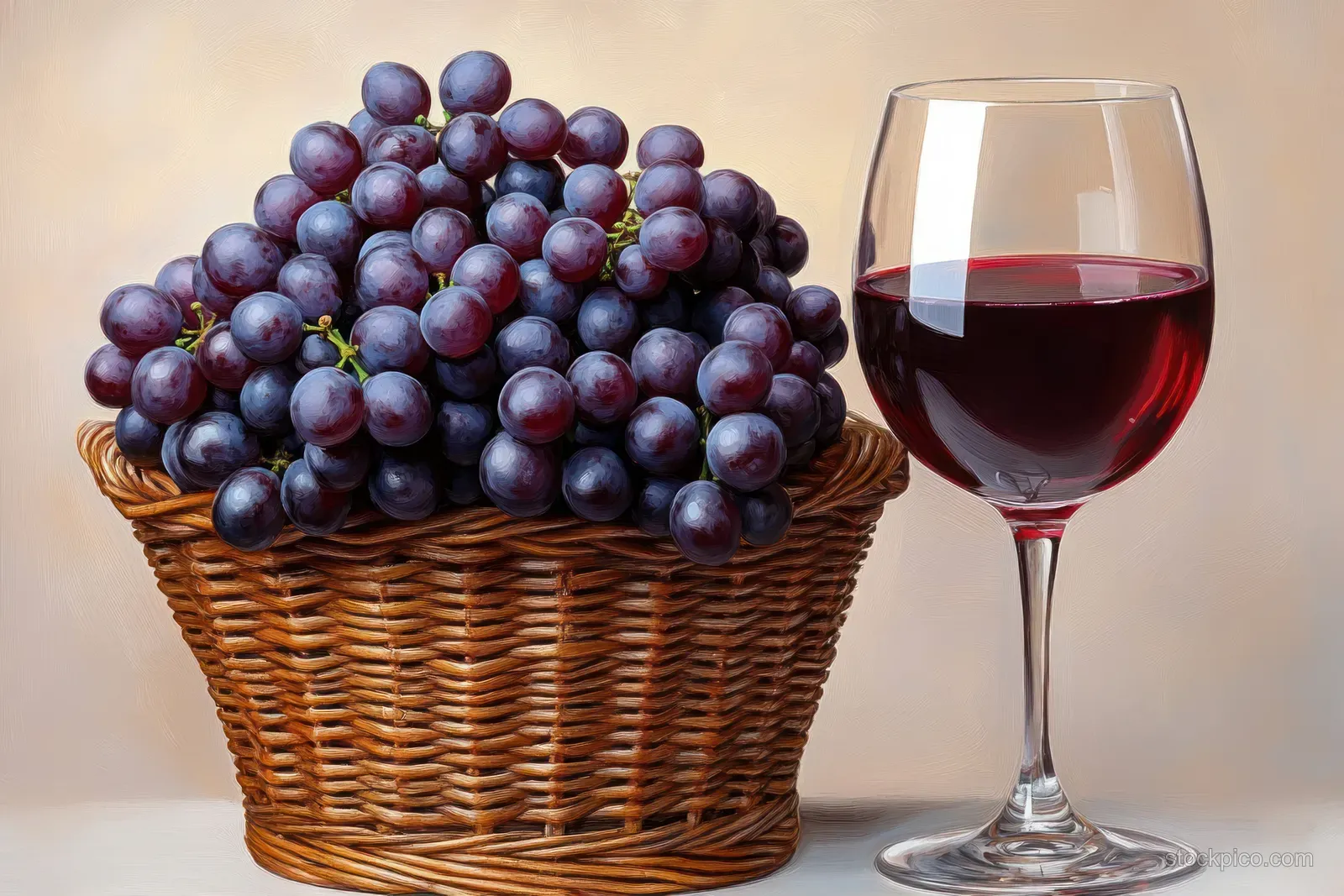 Woven basket filled with ripe purple grapes beside a glass of red wine against a neutral background.