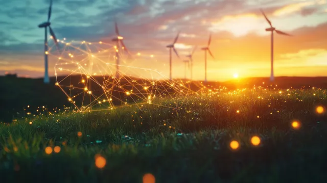 Wind turbines over glowing renewable energy landscape at sunset