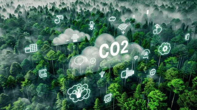 Glowing CO2 label and green environmental icons hover over a dense forest canopy.