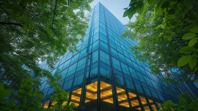 A glass office tower is framed by leafy trees with warm window lights visible at the base.