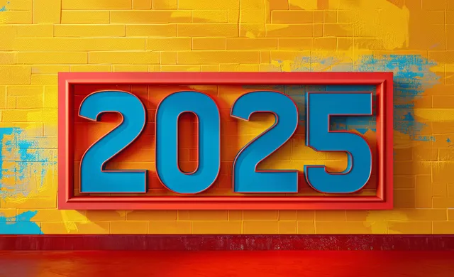 3D 2025 numeral framed on red yellow festive background with textured splashes