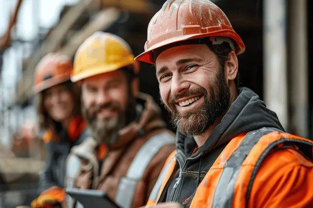 Smiling construction workers in hard hats and reflective vests on an outdoor construction site.
