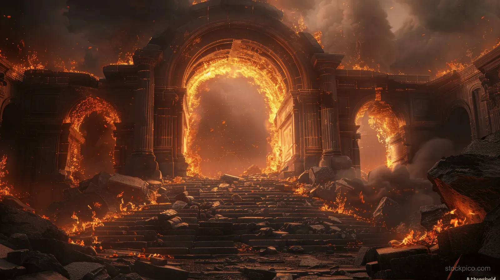 A fiery fantasy arch gate burns in ruined stone temple ruins, surrounded by flames, sparks, and drifting smoke.
