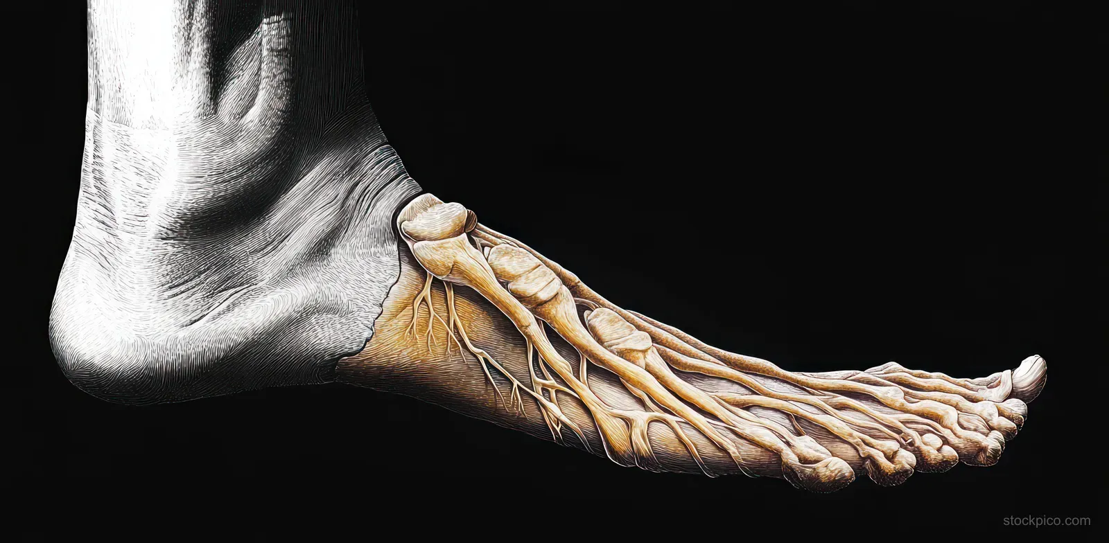 Chiaroscuro anatomical illustration of a foot showing bones and tendons against a dark background.
