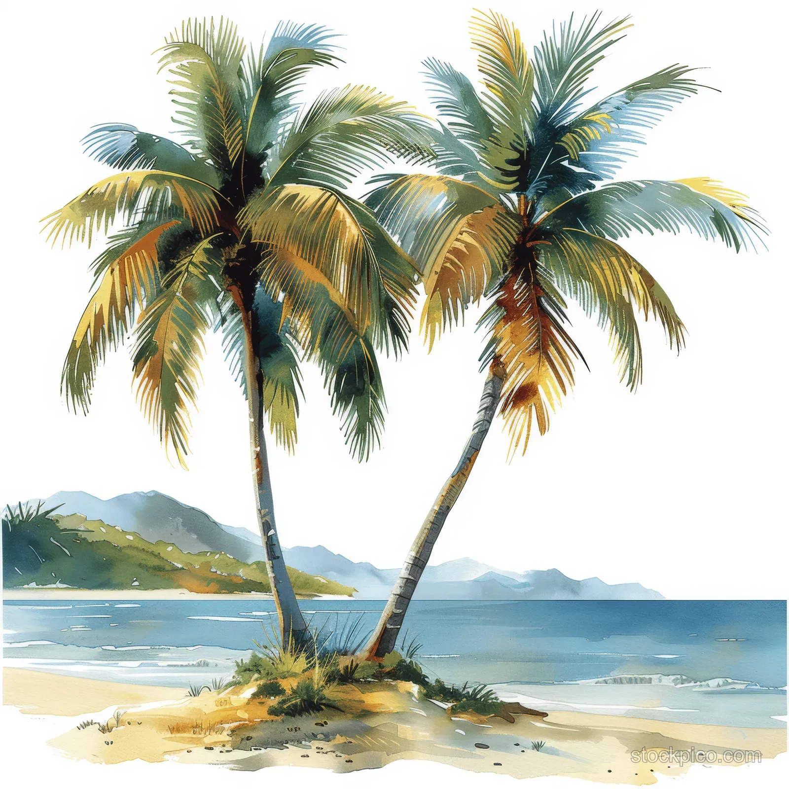 Two watercolor palm trees stand on a sandy beach beside ocean waves with distant hills on a white background.