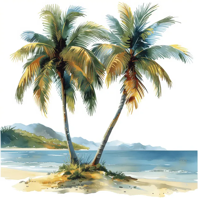 Two watercolor palm trees stand on a sandy beach beside ocean waves with distant hills on a white background.