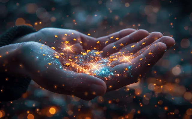 Two hands create a glowing five-star quality badge surrounded by sparkling light particles.