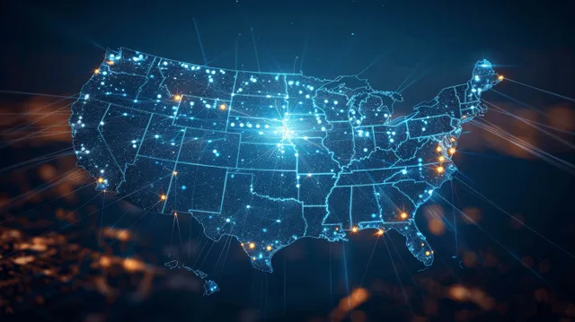 Glowing connections highlight major nodes across a dark blue digital map of the United States.