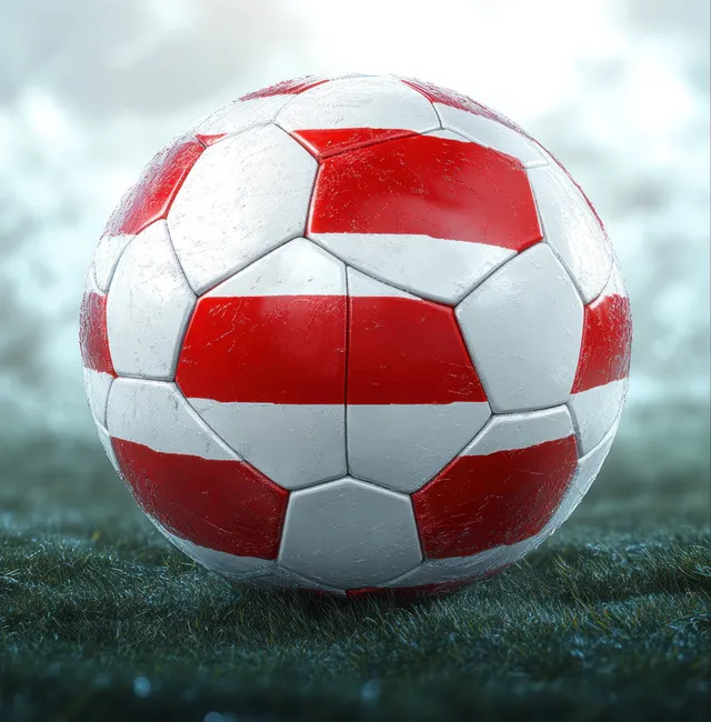 A red and white Austrian-flag soccer ball sits on grass with dramatic lighting and sharp panel details.
