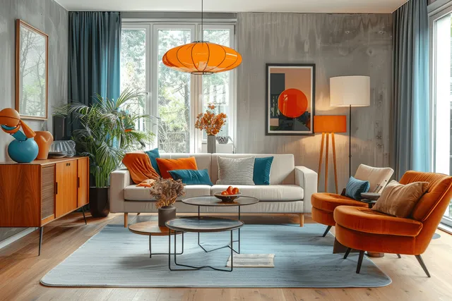 Scandinavian living room with white sofa, orange and blue cushions, wooden sideboard, and a floor lamp by large windows.