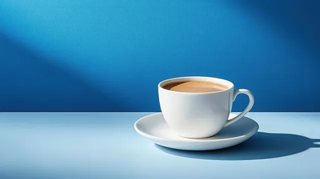 White ceramic coffee cup on saucer with handle, casting a crisp shadow on light blue surface