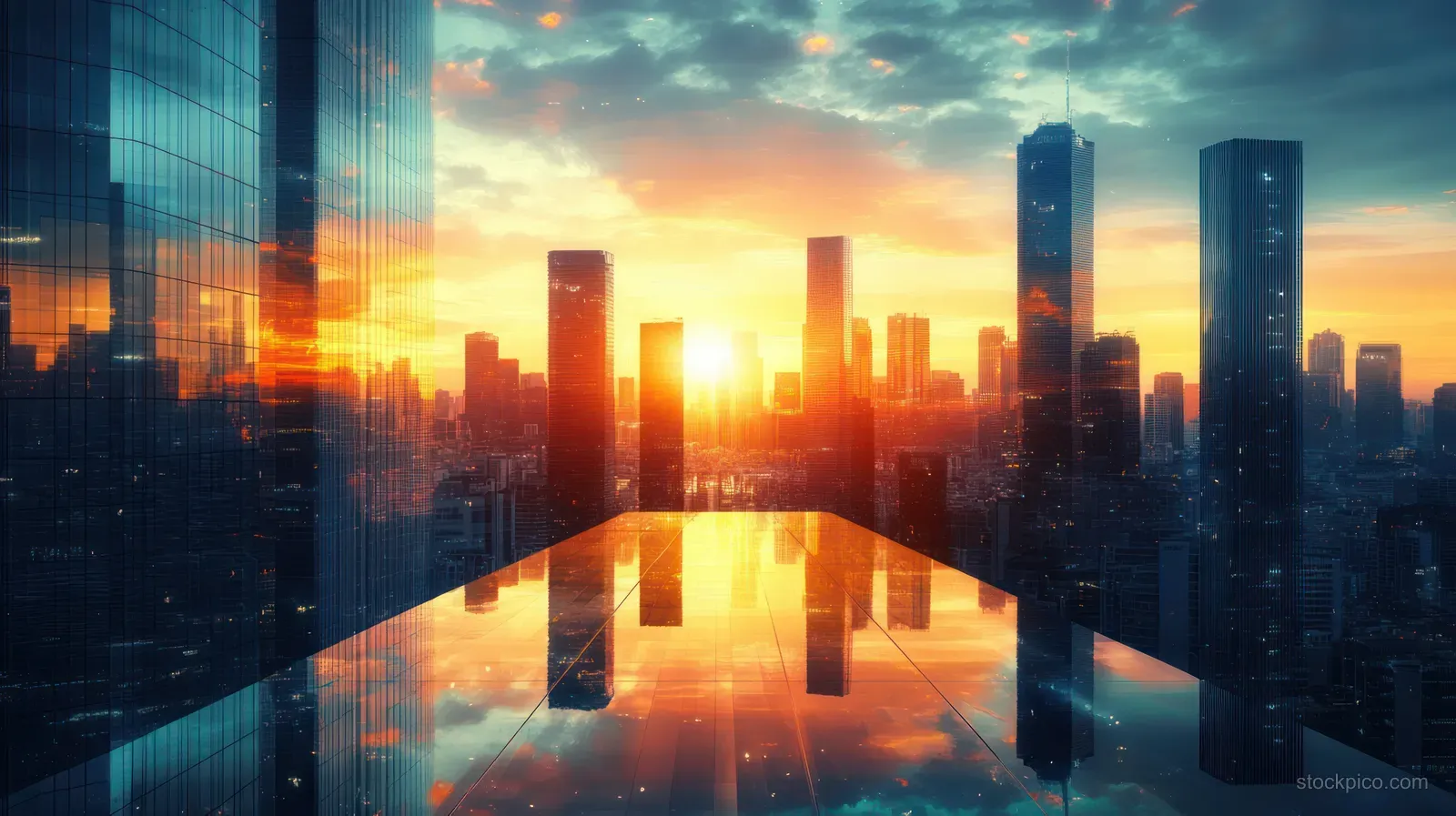 Sunrise lights reflect on glass skyscrapers across a futuristic financial district skyline with long rays on the street.