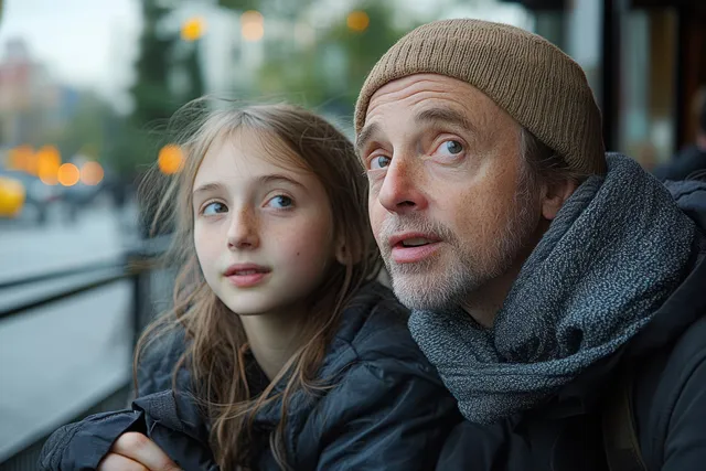 Two bundled-up people sit close together outdoors at night with blurred city street lights behind them.