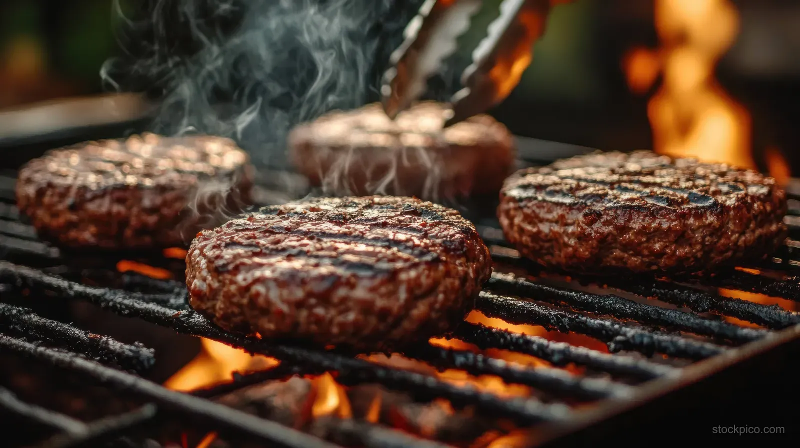 Four beef burger patties sizzle on a charcoal grill with visible flames and smoke above the grate.