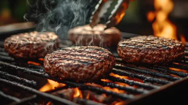 Four beef burger patties sizzle on a charcoal grill with visible flames and smoke above the grate.
