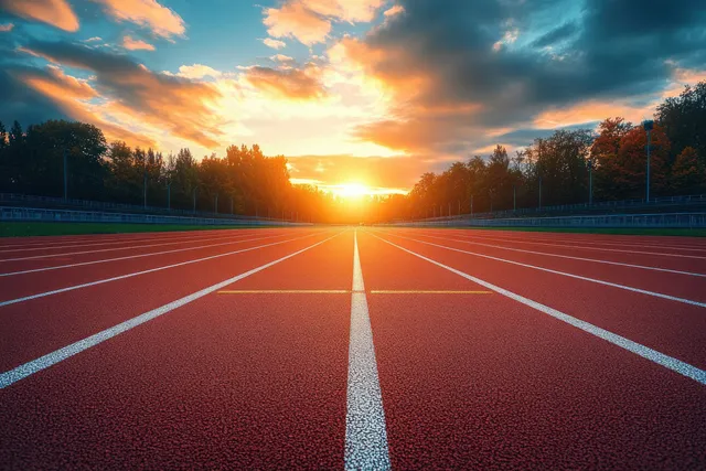 Empty running track lanes leading to a bright sunset with colorful clouds and trees along the horizon.