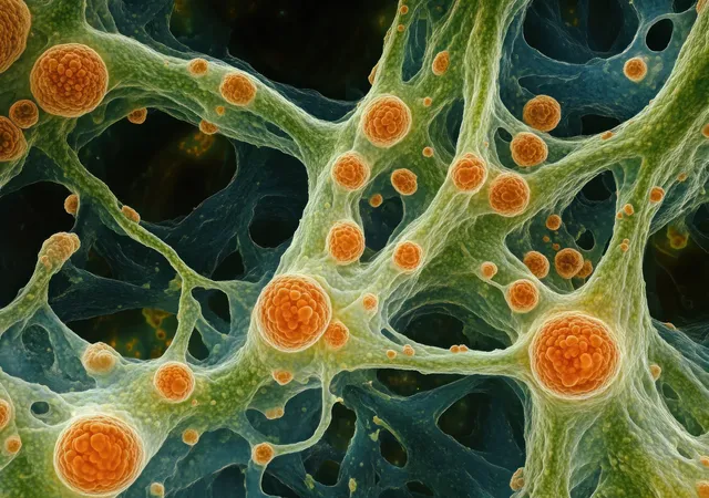 Microscopic green cellular fibers intertwine with orange spherical clusters attached in a detailed network view.