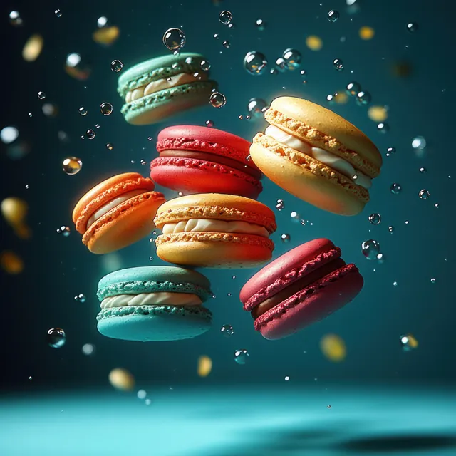 Colorful macarons with cream filling float among air bubbles against a dark teal background.