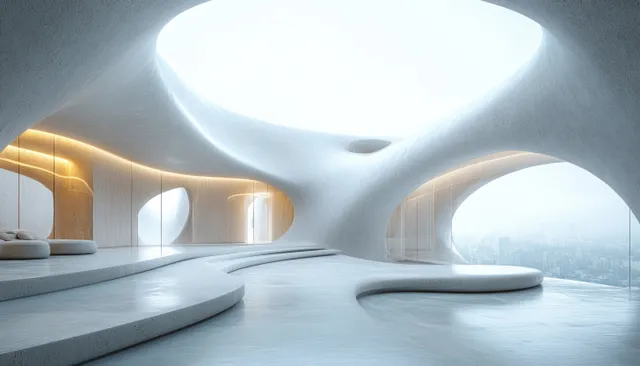Minimalist curved interior with soft daylight, smooth white arches, and glowing ceiling ring