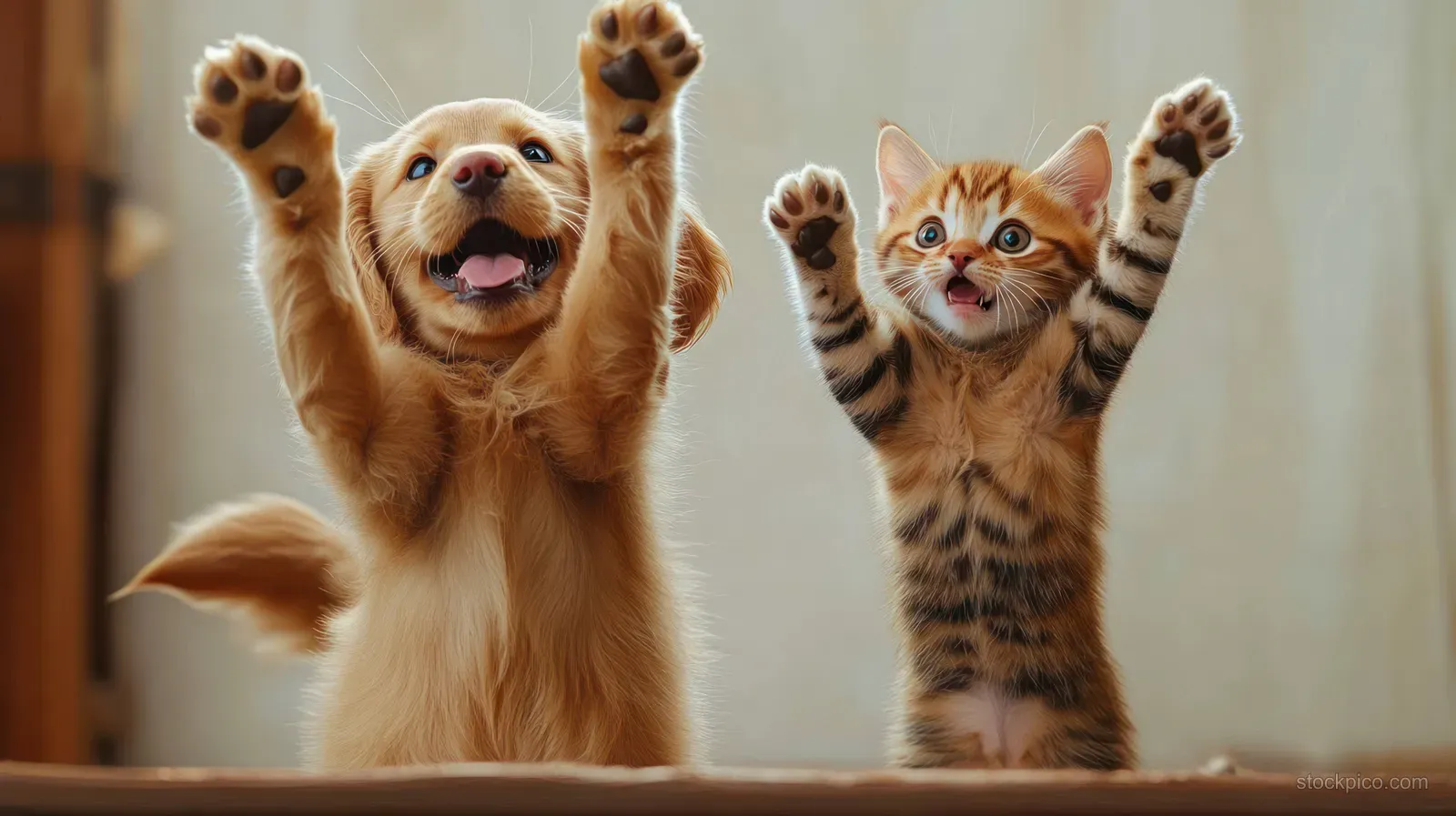A happy golden retriever puppy and a striped kitten stand together with raised paws in a playful pose.
