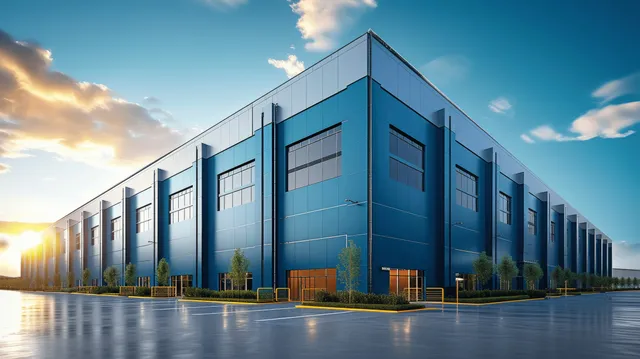 Blue warehouse building and empty parking lot under a dramatic sunset sky with reflected light on concrete.