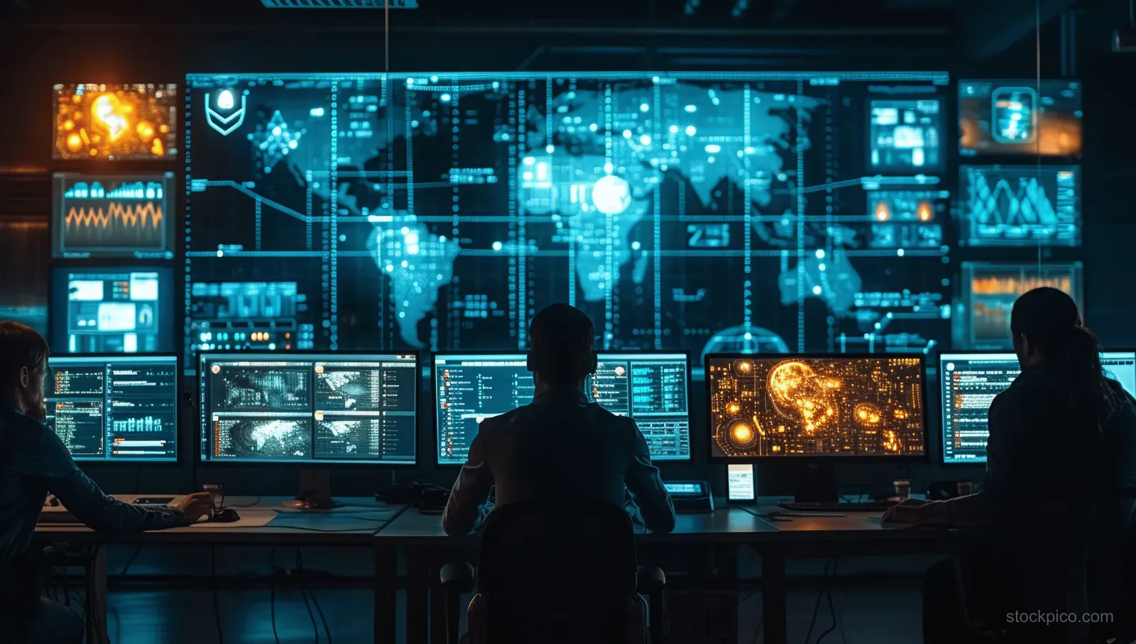 Security analysts monitor glowing threat dashboards in a dark operations center.