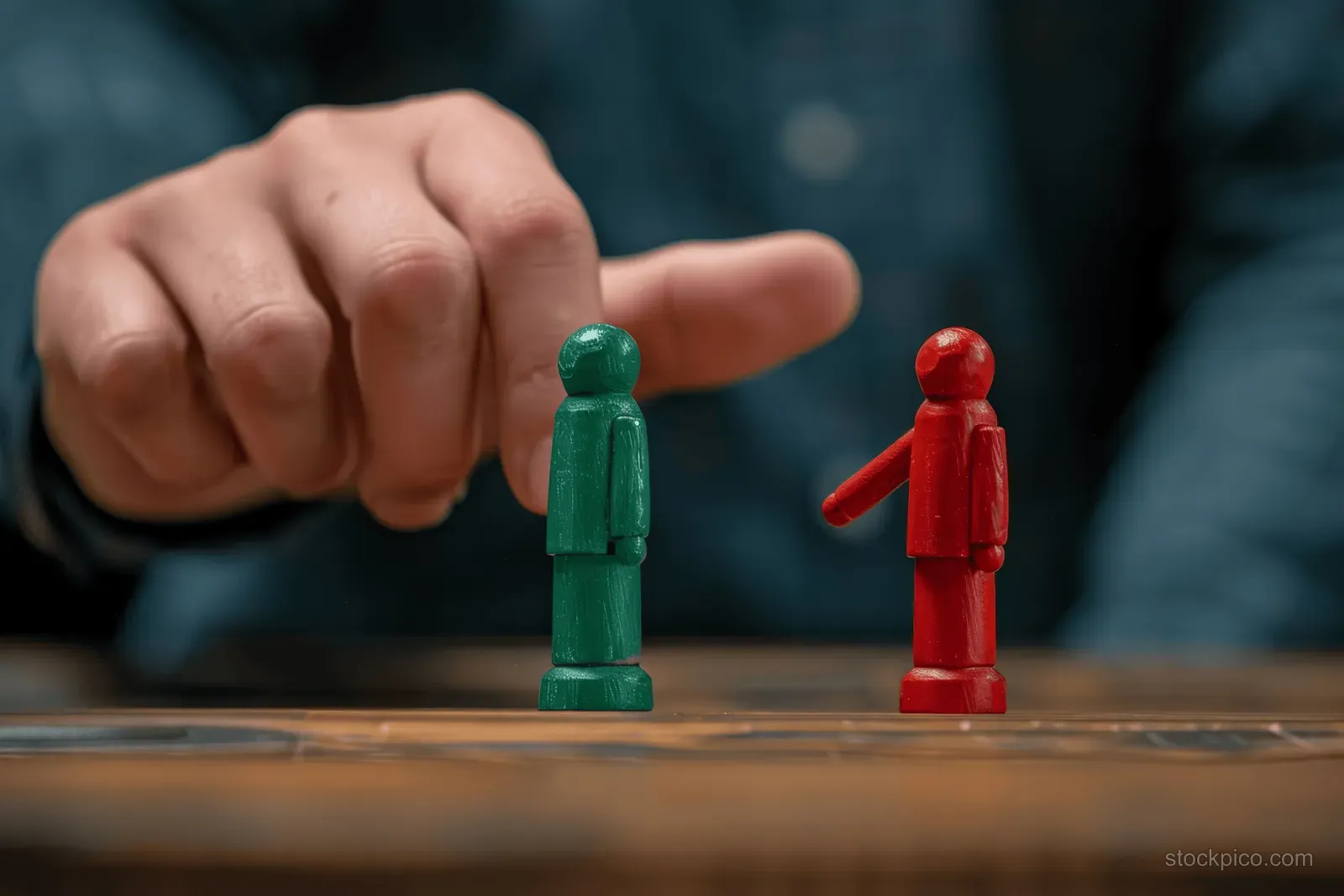 Hand pointing at red and green wooden people figures on a tabletop in a conflict resolution scene.