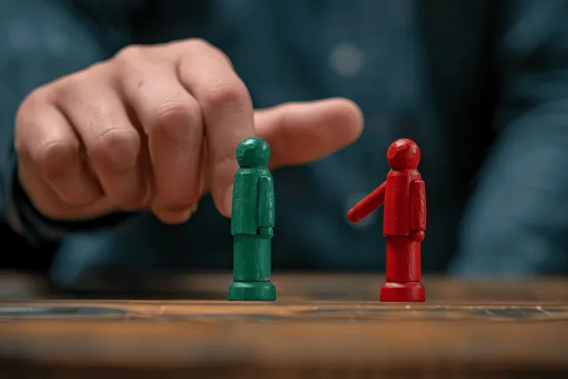 Hand pointing at red and green wooden people figures on a tabletop in a conflict resolution scene.