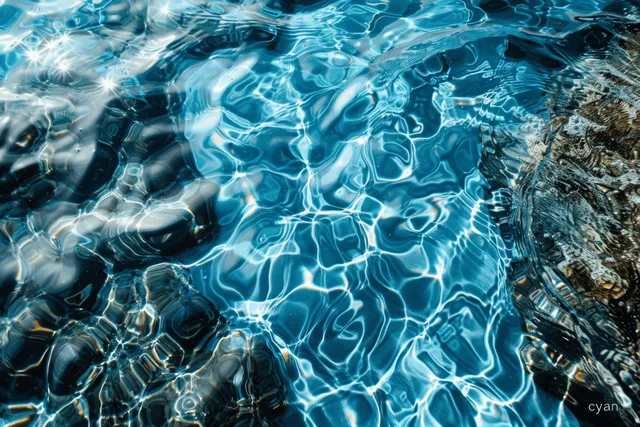 Top view of blue ocean water with ripples and bright cyan reflections across a textured surface.