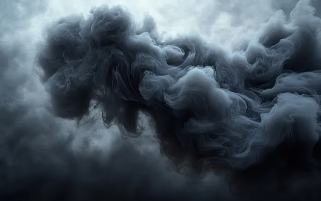 Erupting black smoke cloud swirls through foggy air in ominous surreal explosion atmosphere