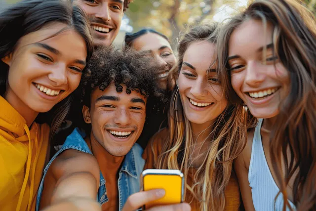 Multiethnic friends outdoors laugh while holding smartphones and showing colorful screen content.