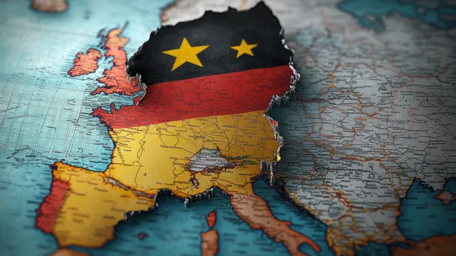 Germany map appears cracked with a torn flag overlay and warning-style caution colors.