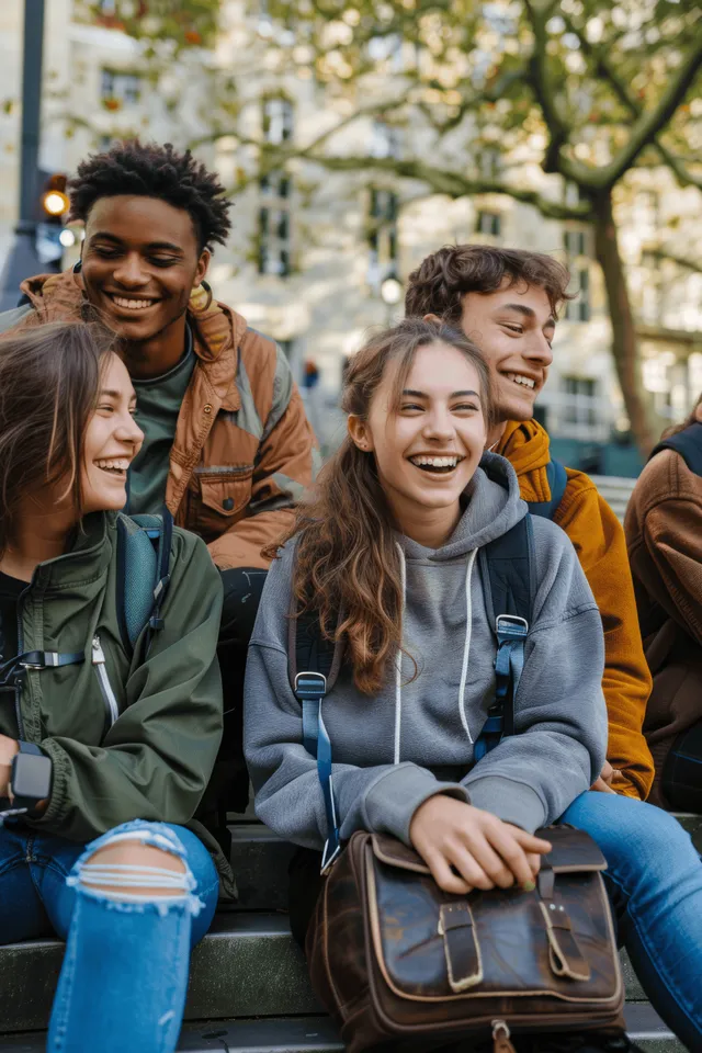 Diverse friends chatting on park steps, backpacks at their feet, warm smile and laughter