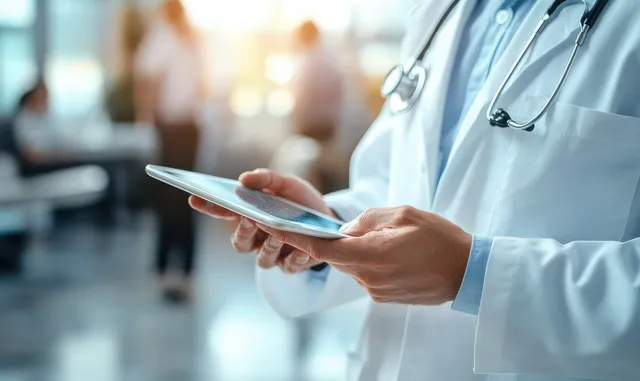Doctor in a white coat holding a tablet with a stethoscope, while blurred hospital staff stand in the background.