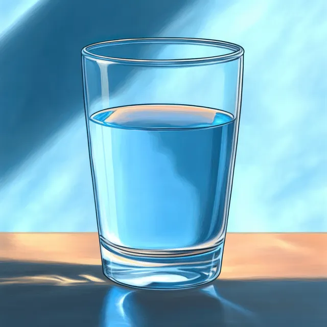 Clear glass of water on wooden tabletop against blue backdrop with soft shadows