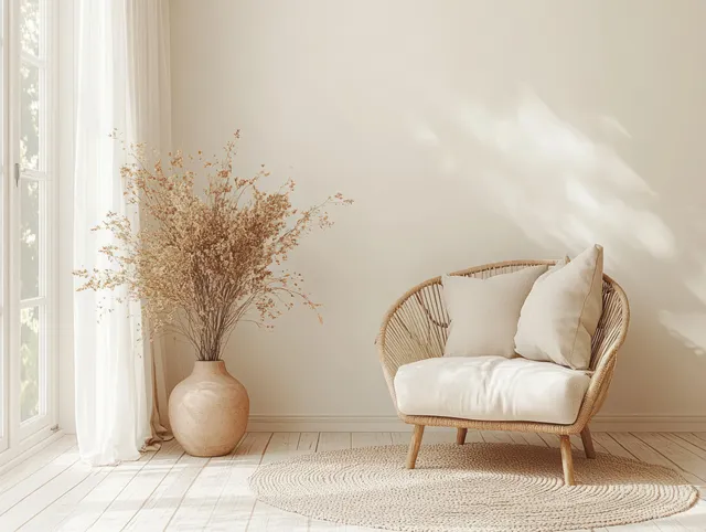 Beige armchair in a bright minimalist living room next to a vase of dried pampas grass by a sunlit window.