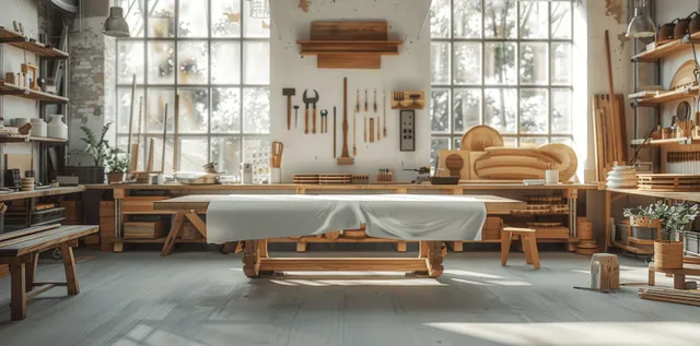Sunlit woodworking workshop with a white-covered workbench, hand tools on the wall, and timber pieces near large windows.