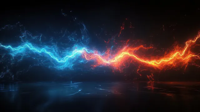 Blue and orange electric arcs collide in the center with glowing reflections on a dark background.