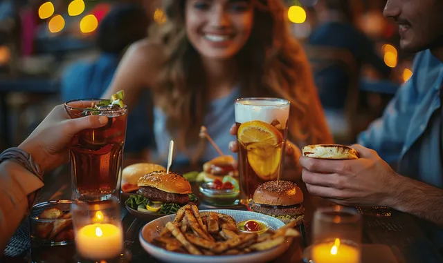 Friends share burgers and cocktails at a bar table under warm fairy lights during happy hour.