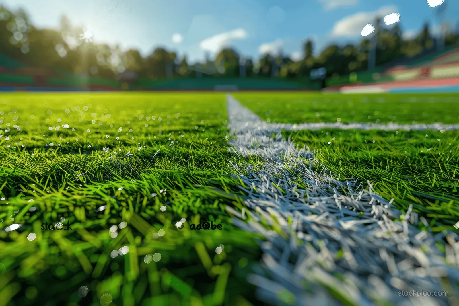 Green soccer pitch showing white field markings with blurred stadium stands and lights behind.