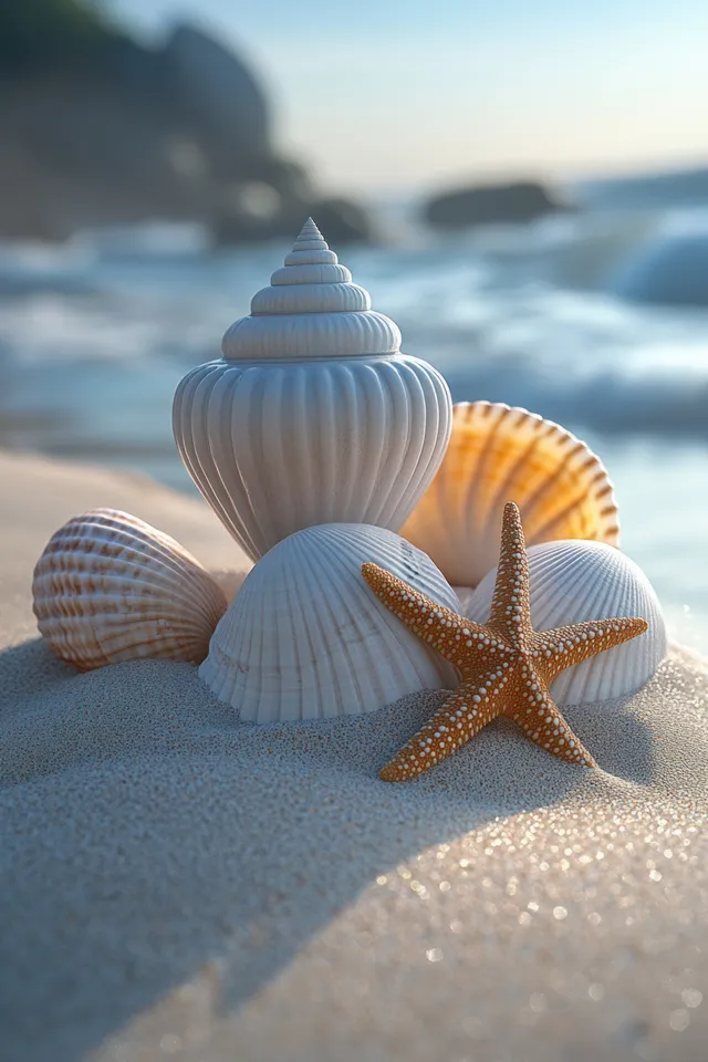 Starfish and seashells resting on sunlit beach sand with soft coastal blur